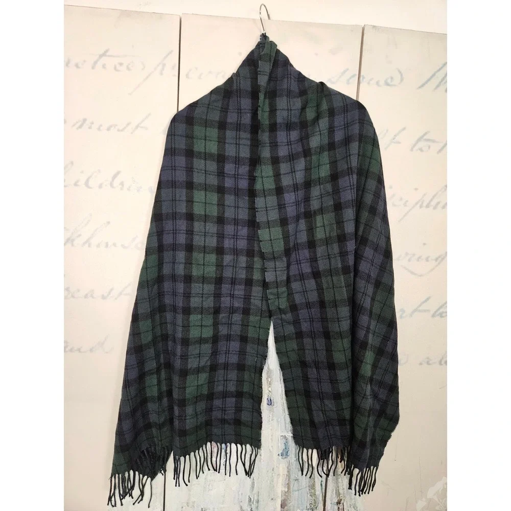 NWT J.Crew Scarf OS Black Watch Plaid Green Blue Fringed Oversized Wrap H2853